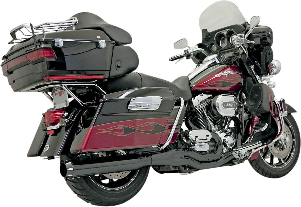 Black finish BASSANI XHAUST FLH-757B B4 2:1 exhaust system for Harley-Davidson motorcycle, shown on a plain background.