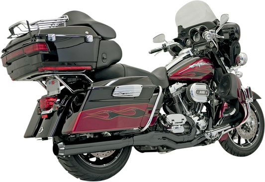 Black finish BASSANI XHAUST FLH-757B B4 2:1 exhaust system for Harley-Davidson motorcycle, shown on a plain background.
