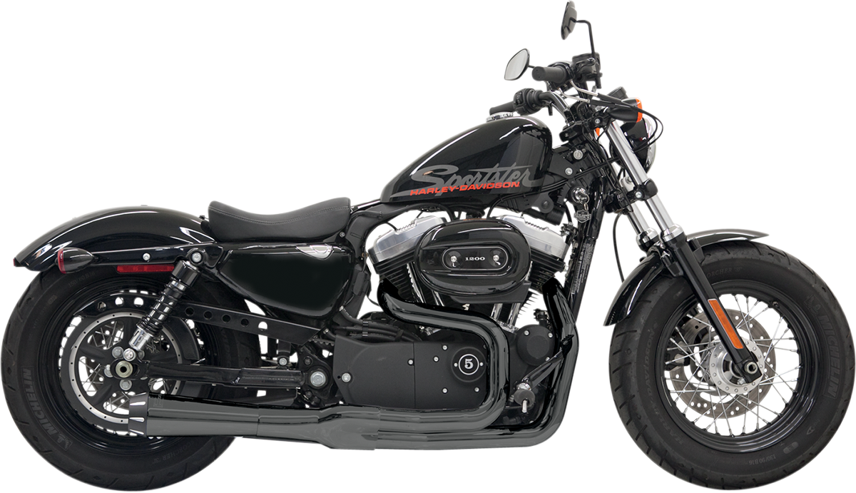 BASSANI XHAUST Mega Power Exhaust in black for '04-'13 Harley XL with short design and mid/forward controls, shown in image.