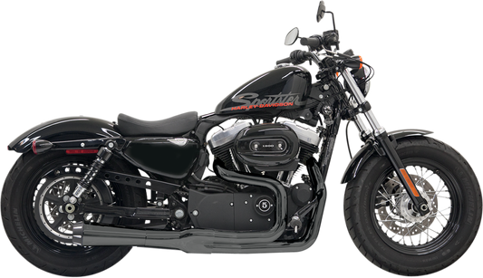BASSANI XHAUST Mega Power Exhaust in black for '04-'13 Harley XL with short design and mid/forward controls, shown in image.