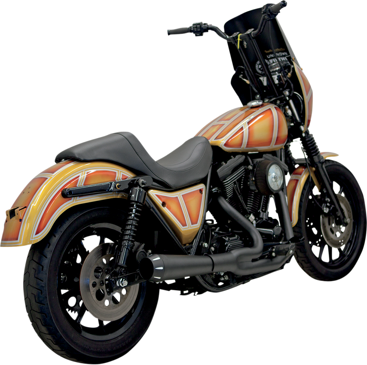 BASSANI XHAUST Road Rage 2:1 exhaust for Harley-Davidson FXR motorcycle, shiny chrome finish with dual outlet design