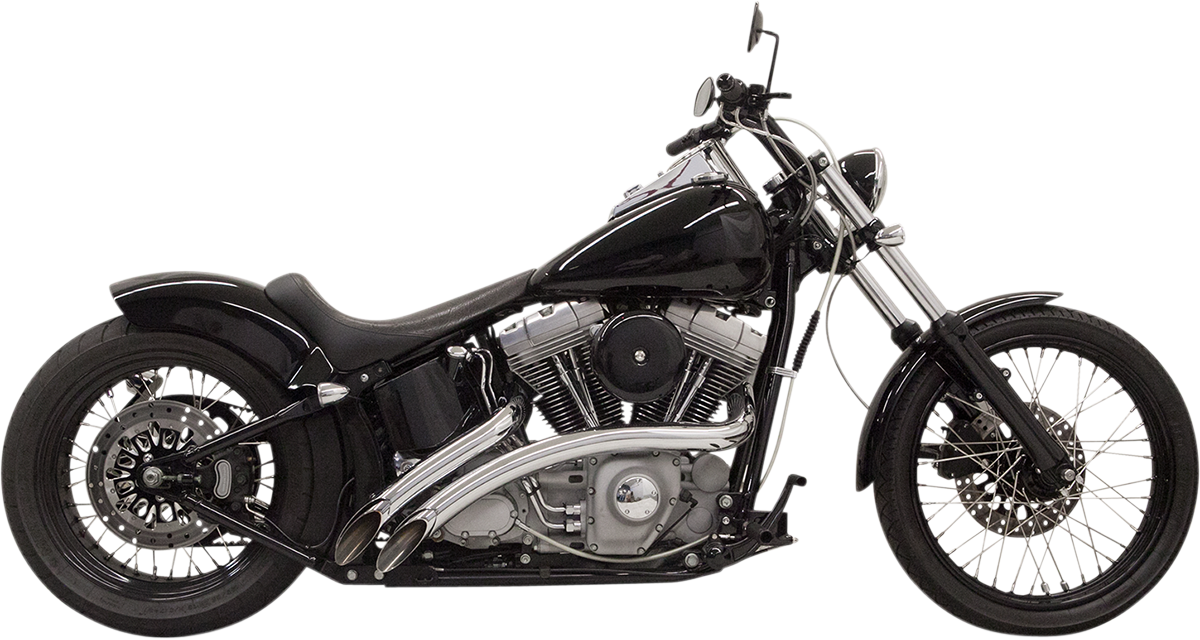 Chrome BASSANI XHAUST Radial Sweepers exhaust system with dual pipes and chrome finish, shown on a motorcycle.