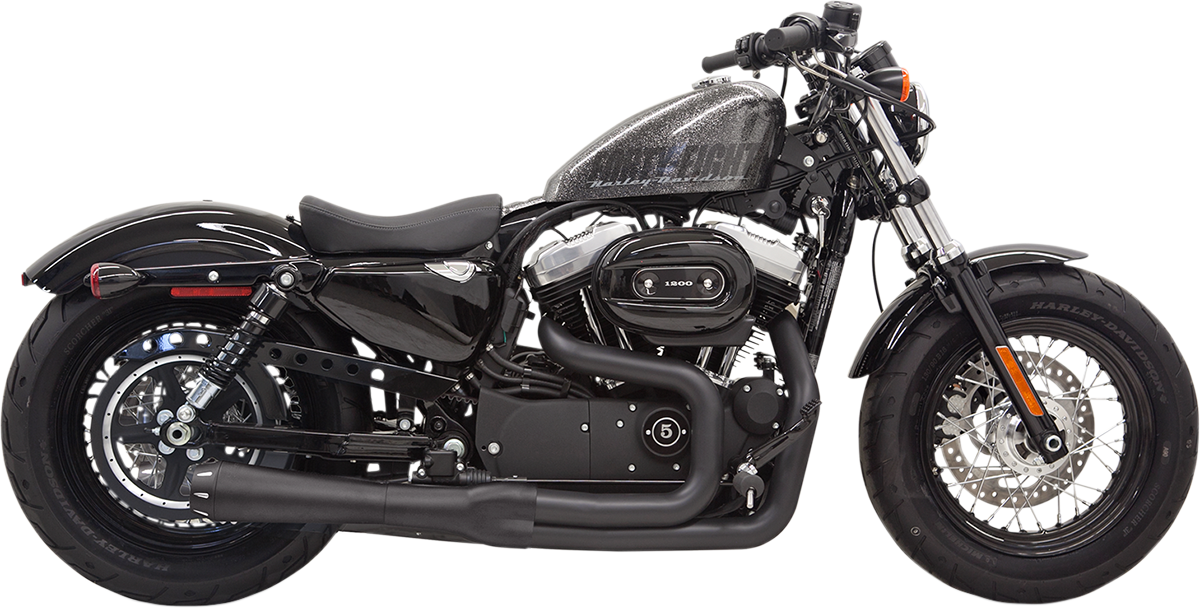 Black BASSANI XHAUST Mega Power short slip-on exhaust for 2014-2021 Harley-Davidson XL with mid/forward controls.