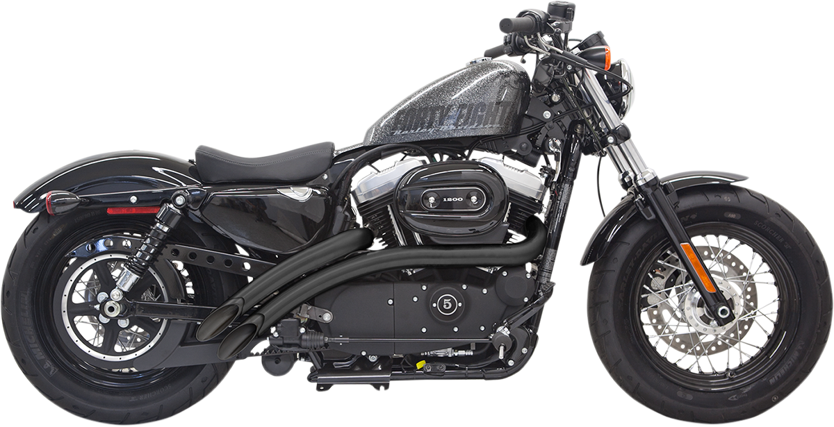 BASSANI XHAUST Radial Sweepers exhaust system for Harley XL in black, showing the sleek 1X2FB dual exhaust pipes.