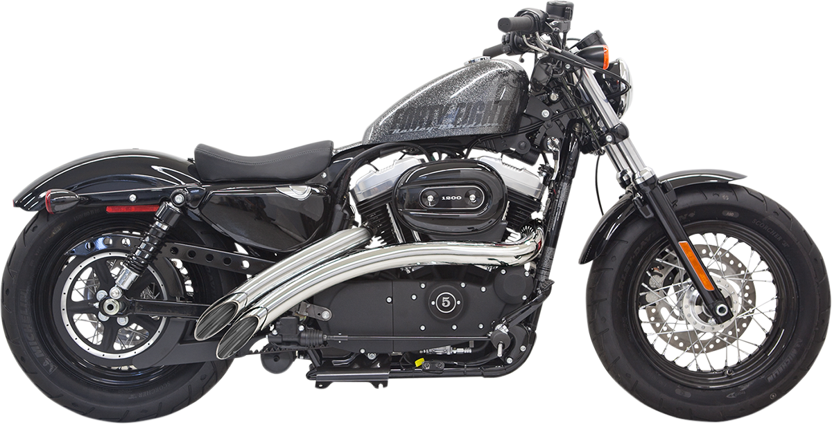 Chrome BASSANI XHAUST Radial Sweepers exhaust system for Harley Davidson XL motorcycle, showing polished chrome finish and dual pipe design.