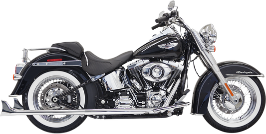 BASSANI XHAUST True Duals exhaust system with fishtail mufflers installed on Softail motorcycle, showcasing the chrome finish and dual pipes.