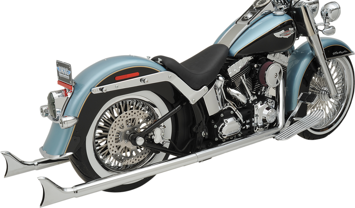 BASSANI XHAUST True Duals exhaust system with fishtail mufflers for Softail motorcycle, featuring dual pipes and chrome finish