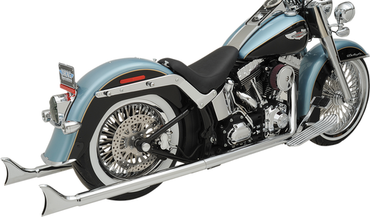 BASSANI XHAUST True Duals exhaust system with fishtail mufflers for Softail motorcycle, featuring dual pipes and chrome finish