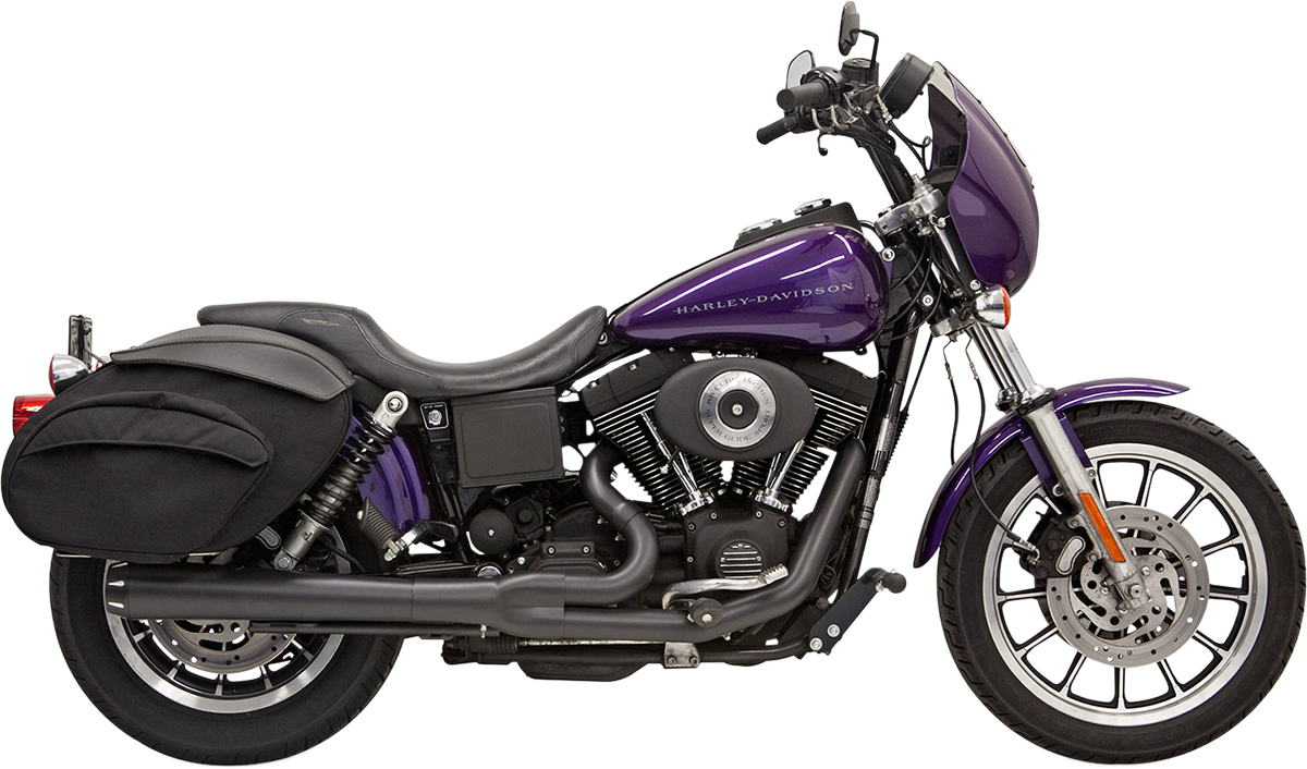 Black Bassani Xhaust 13321R 2:1 Megaphone exhaust system for Harley FXD 1991-2005, shown in the image.