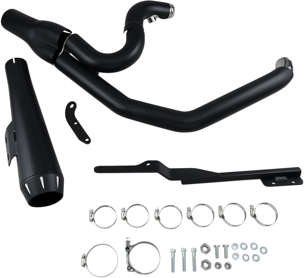 BASSANI XHAUST 2:1 short megaphone exhaust for '91-'05 FXD motorcycle, showing shiny chrome finish and compact design.