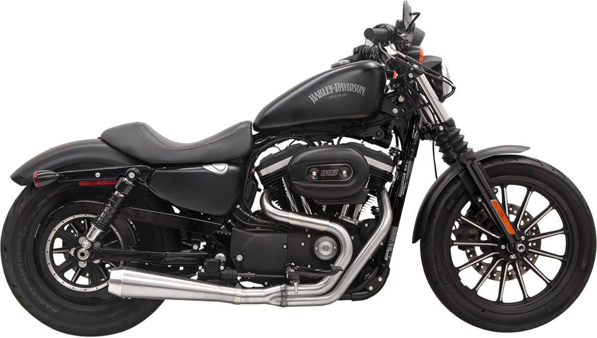 Stainless steel BASSANI XHAUST Road Rage 3 exhaust for Harley-Davidson XL 2004-2020 motorcycle, showing the polished finish and dual pipes.