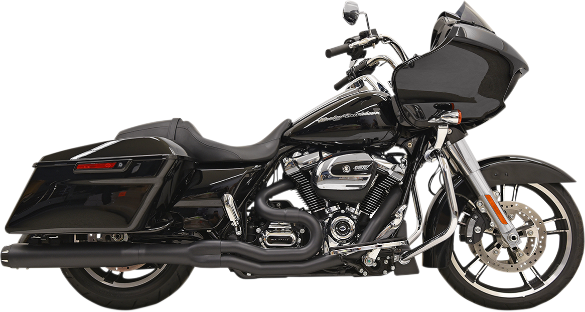 BASSANI XHAUST B4 2:1 black exhaust with straight can, motorcycle performance exhaust system, shiny metal finish.