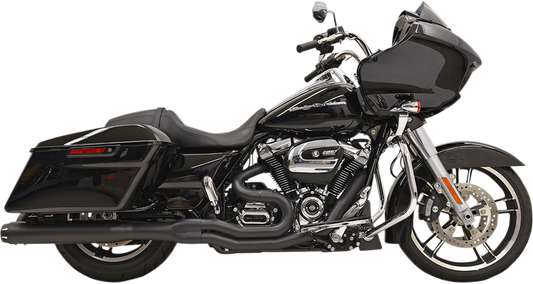 BASSANI XHAUST B4 2:1 black exhaust with straight can, motorcycle performance exhaust system, shiny metal finish.