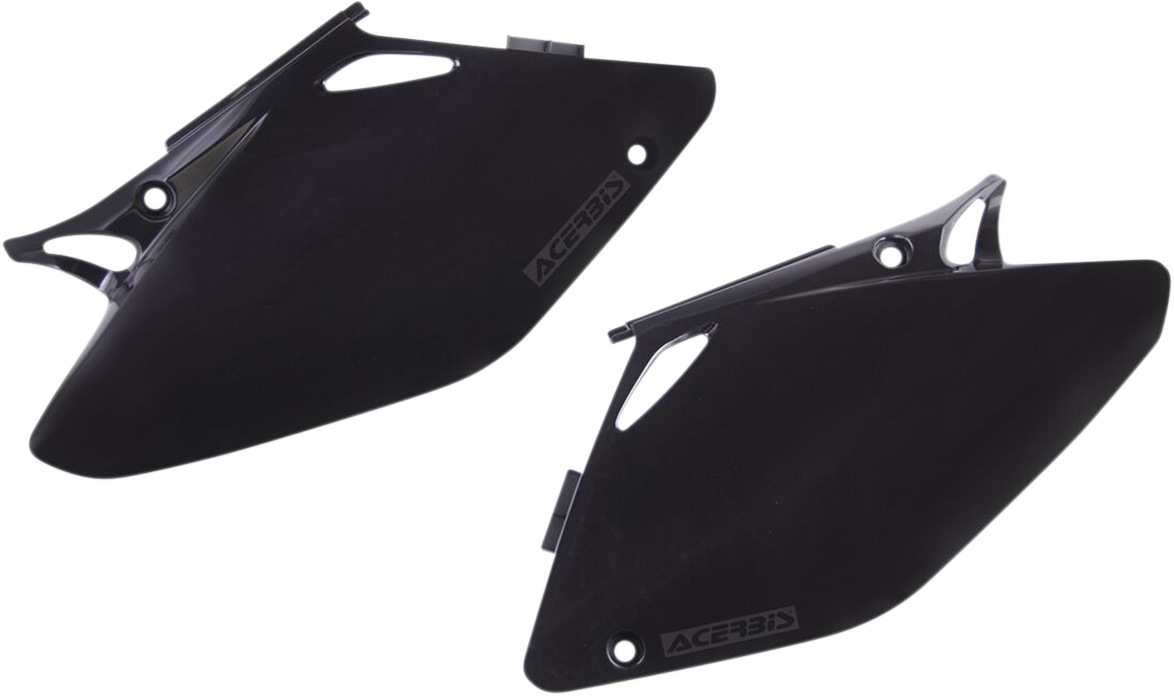 Black Acerbis side panels for motorcycle body, shown in a detailed image with mounting points and sleek finish.