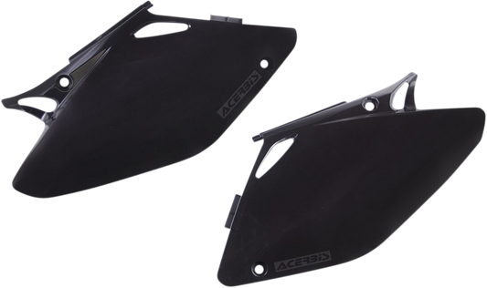 Black Acerbis side panels for motorcycle body, shown in a detailed image with mounting points and sleek finish.