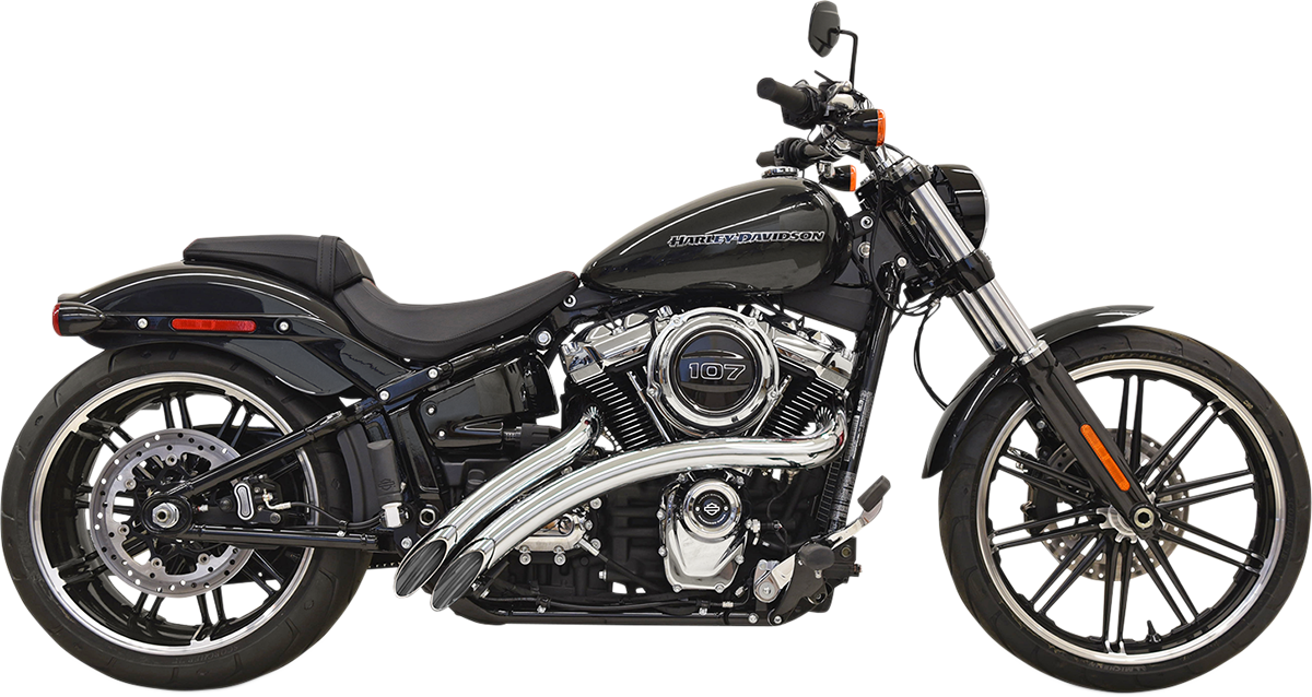 Chrome BASSANI XHAUST Radial Sweepers motorcycle exhaust system with dual pipes and polished finish, mounted on a motorcycle.