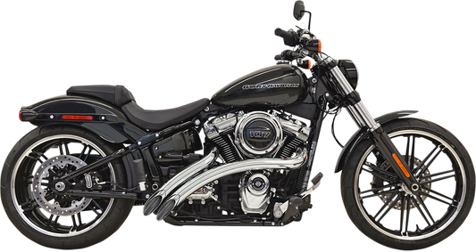 Chrome BASSANI XHAUST Radial Sweepers motorcycle exhaust system with dual pipes and polished finish, mounted on a motorcycle.