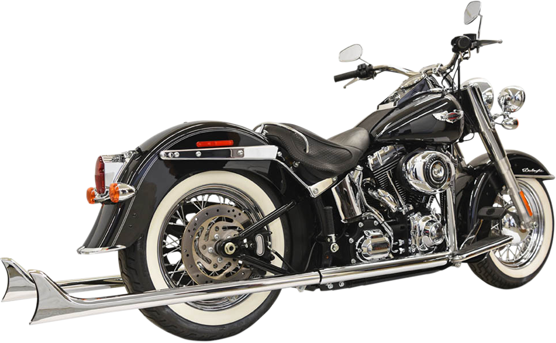 Bassani Xhaust True Duals exhaust system with fishtail mufflers for Softail motorcycle, showing polished metal pipes and muffler details.