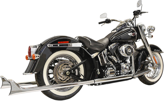 Bassani Xhaust True Duals exhaust system with fishtail mufflers for Softail motorcycle, showing polished metal pipes and muffler details.