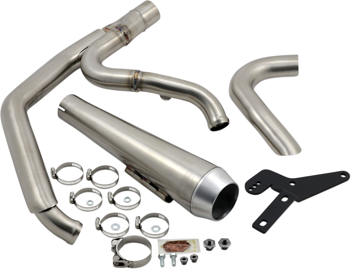 Stainless steel BASSANI XHAUST Road Rage 2-into-1 exhaust system installed on motorcycle, showcasing sleek design and polished finish.