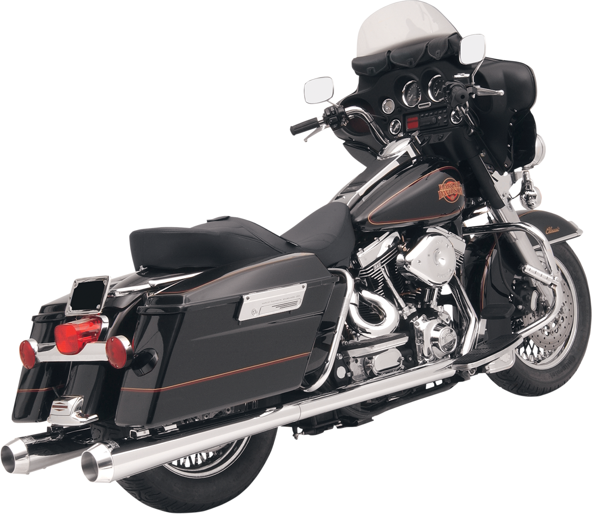 BASSANI XHAUST Megaphone mufflers for Harley Davidson FLH-517, shiny chrome finish, mounted on motorcycle exhaust system.