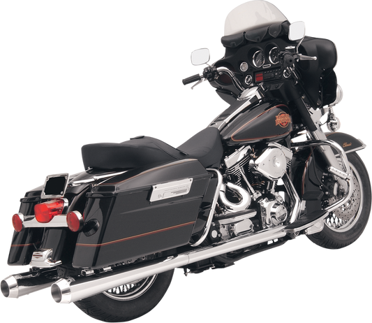BASSANI XHAUST Megaphone mufflers for Harley Davidson FLH-517, shiny chrome finish, mounted on motorcycle exhaust system.