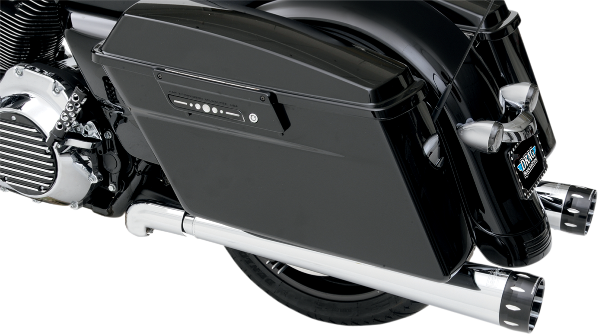 Chrome Bassani Xhaust Megaphone mufflers for Harley Davidson FLH-517L, polished chrome finish, side view showing exhaust pipes.