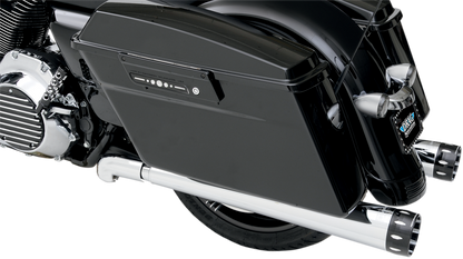 Chrome Bassani Xhaust Megaphone mufflers for Harley Davidson FLH-517L, polished chrome finish, side view showing exhaust pipes.