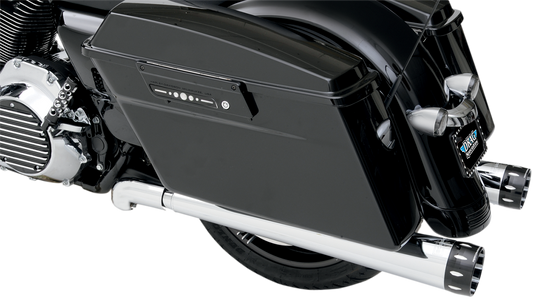 Chrome Bassani Xhaust Megaphone mufflers for Harley Davidson FLH-517L, polished chrome finish, side view showing exhaust pipes.