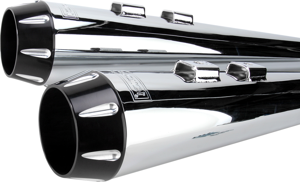 BASSANI XHAUST Megaphone mufflers FLH-517RL in chrome and black with fluted design and performance baffle for Harley Davidson FLH.