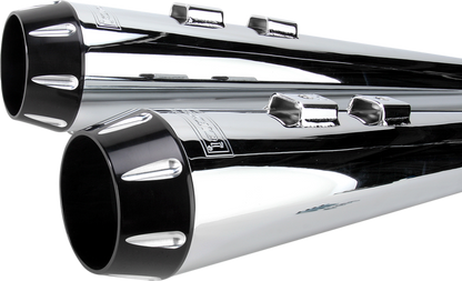 BASSANI XHAUST Megaphone mufflers FLH-517RL in chrome and black with fluted design and performance baffle for Harley Davidson FLH.