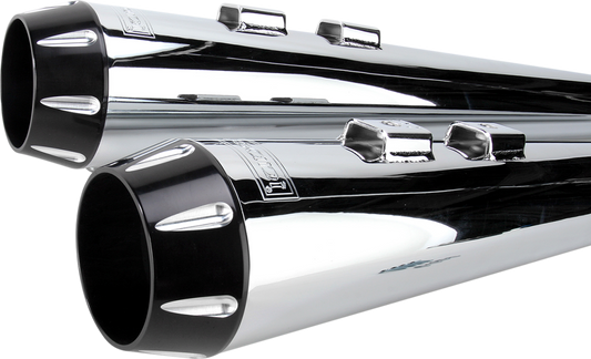 BASSANI XHAUST Megaphone mufflers FLH-517RL in chrome and black with fluted design and performance baffle for Harley Davidson FLH.