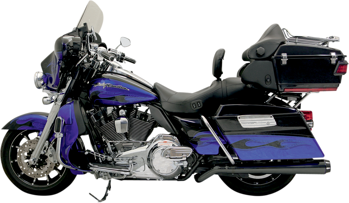 Black BASSANI XHAUST Mega Power Pseudo Muffler for Harley-Davidson FL 2009-2020 models, part no. 1F49RB, with sleek finish.