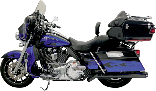 Black BASSANI XHAUST Mega Power Pseudo Muffler for Harley-Davidson FL 2009-2020 models, part no. 1F49RB, with sleek finish.