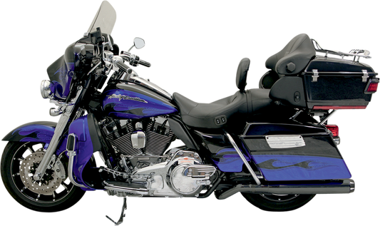 Black Bassani Xhaust B1 Pseudo Muffler for FL motorcycles, 2009-2016, part number 1F59RB, mounted on a Harley Davidson.