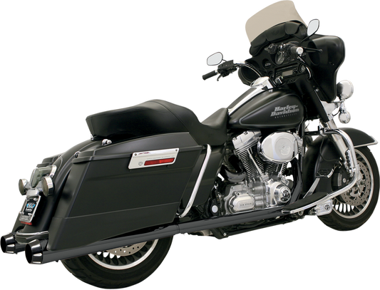 Black fluted BASSANI XHAUST Megaphone Mufflers FLH-517LRB with performance baffle for Harley Davidson FLH motorcycles.