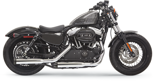 BASSANI XHAUST Firepower Series slip-on mufflers for Harley Sportster in chrome and black fluted design, showcasing sleek exhaust tips.