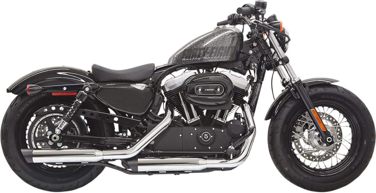 BASSANI XHAUST Firepower Series slip-on mufflers for Harley Sportster, showcasing chrome finish and sleek design.