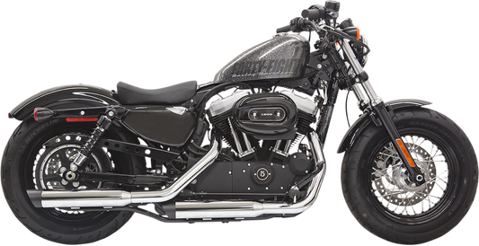 BASSANI XHAUST Firepower Series slip-on mufflers for Harley Sportster, showcasing chrome finish and sleek design.