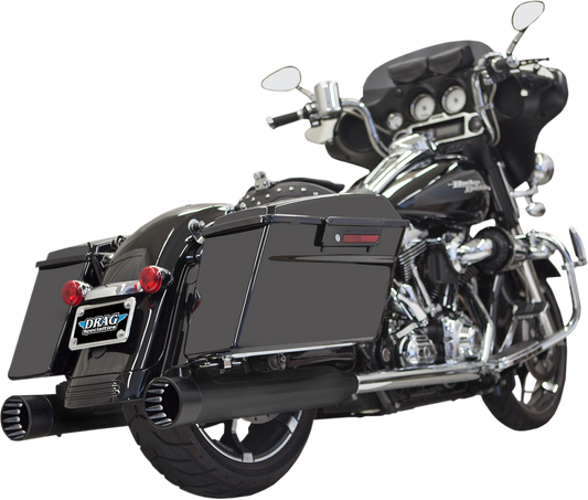 Black Bassani Xhaust DNT Straight Can mufflers for 1995-2016 Harley FL models, shown from the side with polished tips