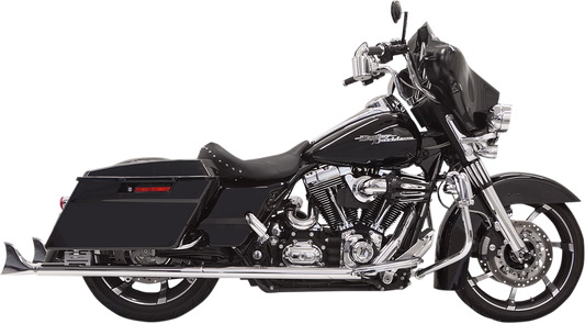 Chrome BASSANI XHAUST fishtail mufflers for 1995-2016 Harley Touring motorcycles, showing the shiny chrome finish and fishtail design.