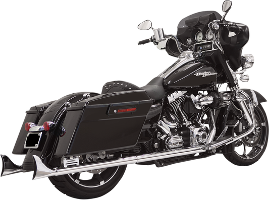 Chrome BASSANI XHAUST fishtail mufflers with baffle for 95-16 Harley Touring, 33-inch length, side view of motorcycle exhaust system