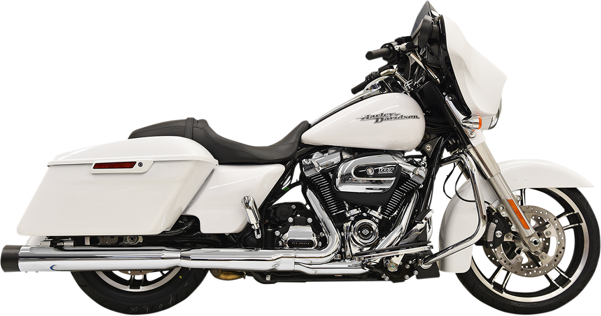 Bassani Exhaust DNT Straight Can Mufflers for FL motorcycle, chrome and black finish, featuring the Bassani Xhaust branding.