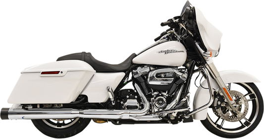 Bassani Exhaust DNT Straight Can Mufflers for FL motorcycle, chrome and black finish, featuring the Bassani Xhaust branding.