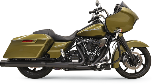 Black BASSANI XHAUST DNT straight can mufflers for FL motorcycles, showing the sleek can design and mounting details.