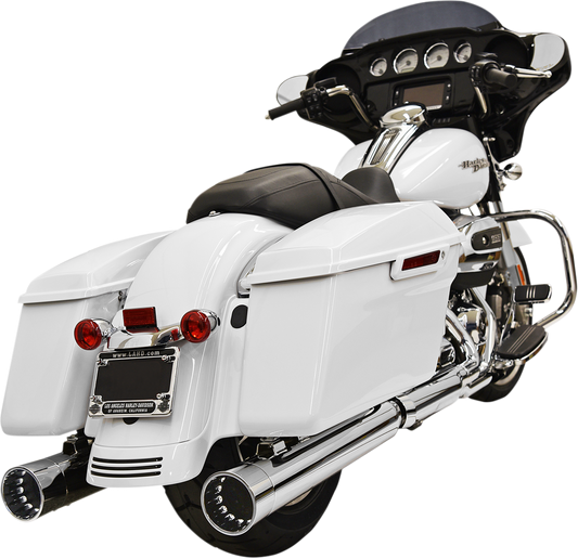 Chrome BASSANI XHAUST DNT Straight Can Mufflers for Harley FL motorcycle, featuring sleek, polished metal design.
