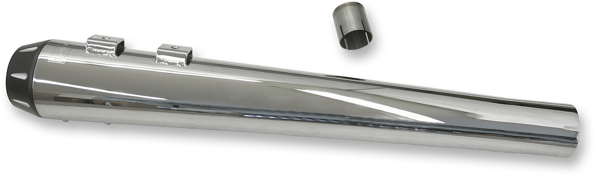 Chrome BASSANI XHAUST 2:1 megaphone muffler with block off cap, featuring sleek chrome finish and mounting details.