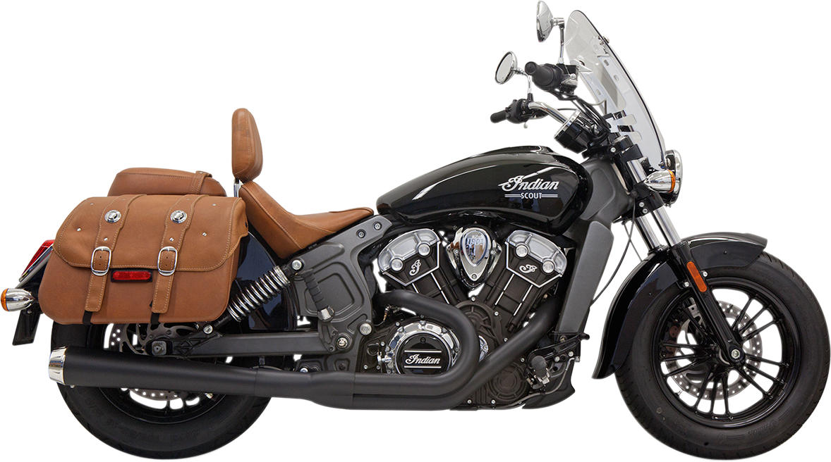 Black BASSANI XHAUST 2:1 exhaust system for Scout 8S11JB motorcycle, showing the sleek metal pipes and fittings.