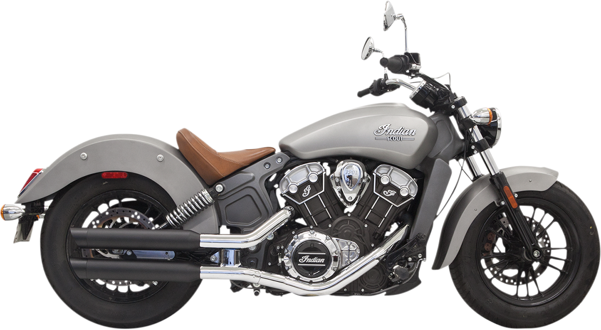 BASSANI XHAUST 3-inch black mufflers for Scout motorcycle, part number 8S17BSB, with chrome tips and dual exhaust pipes.