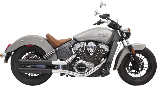 BASSANI XHAUST 3-inch black mufflers for Scout motorcycle, part number 8S17BSB, with chrome tips and dual exhaust pipes.